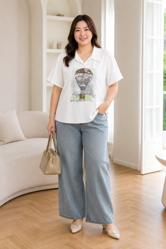Plus size white hot air balloon graphic loose short sleeve polo blouse front view