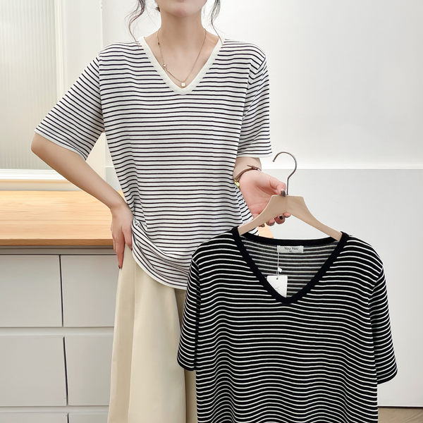 Plus Size Icy Knit Thin Stripes V Neck Tee