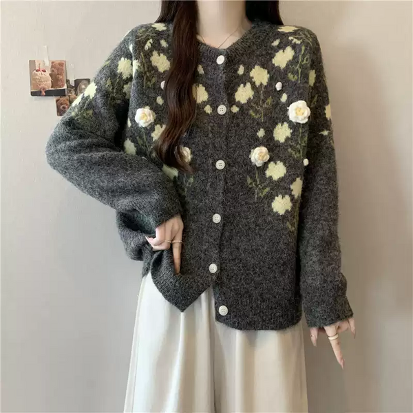 Plus Size Japanese 3D Flowers Round Neck Button Cardigan