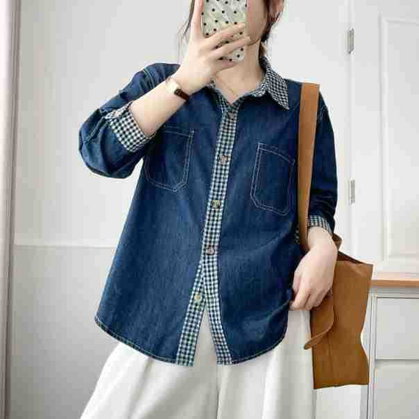 Plus Size Japanese Checks Denim Long Sleeve Shirt
