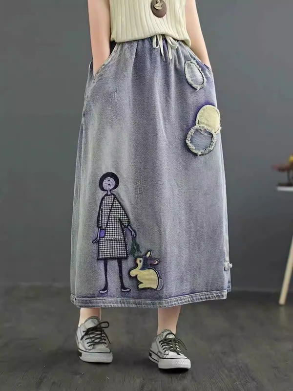 Plus Size Japanese Cartoon Drawstring Denim Skirt