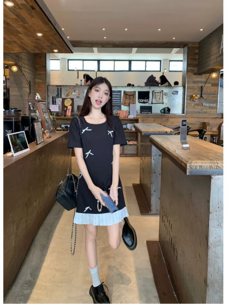 Chuchu pleats ribbon dress ブラック black Plus Size Japanese Kawaii Pleat Ribbon Shift Dress