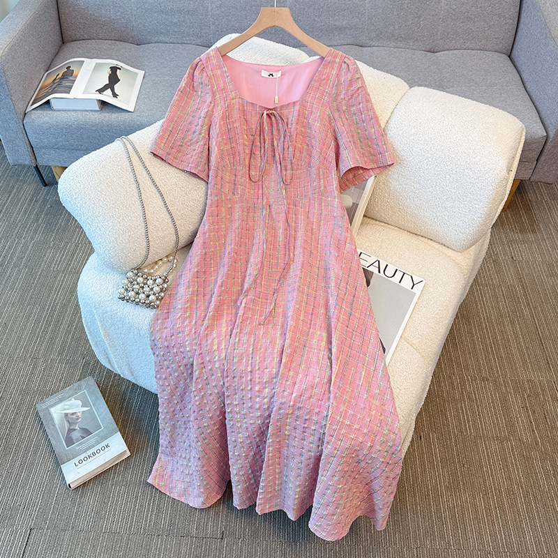 Plus Size Japanese Pink Checks Square Neck Dress (EXTRA BIG SIZE)