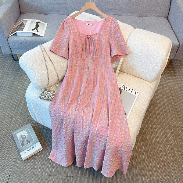 Plus Size Japanese Pink Checks Square Neck Dress (EXTRA BIG SIZE)