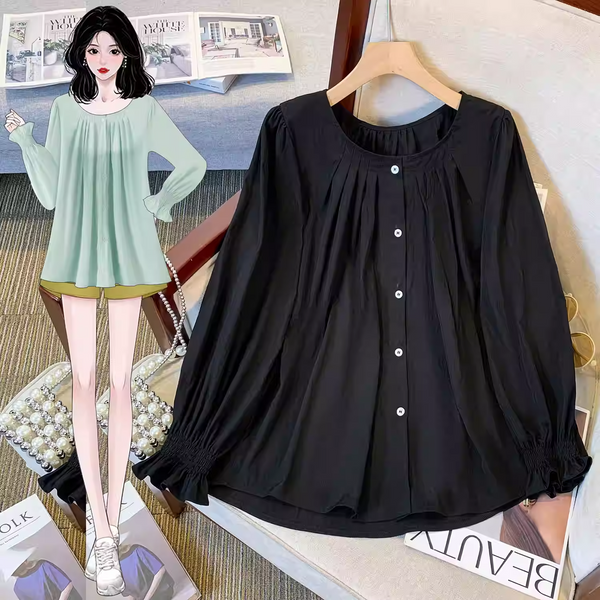 Plus Size Japanese Pleats Loose Long Sleeve Blouse