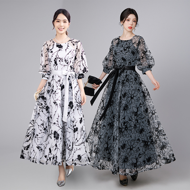 Plus Size Japanese Puff Sleeves Organza Evening Dress