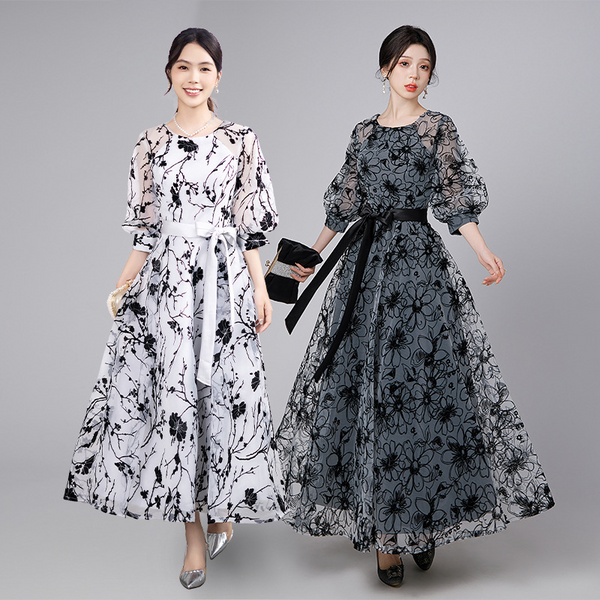 Plus Size Japanese Puff Sleeves Organza Evening Dress