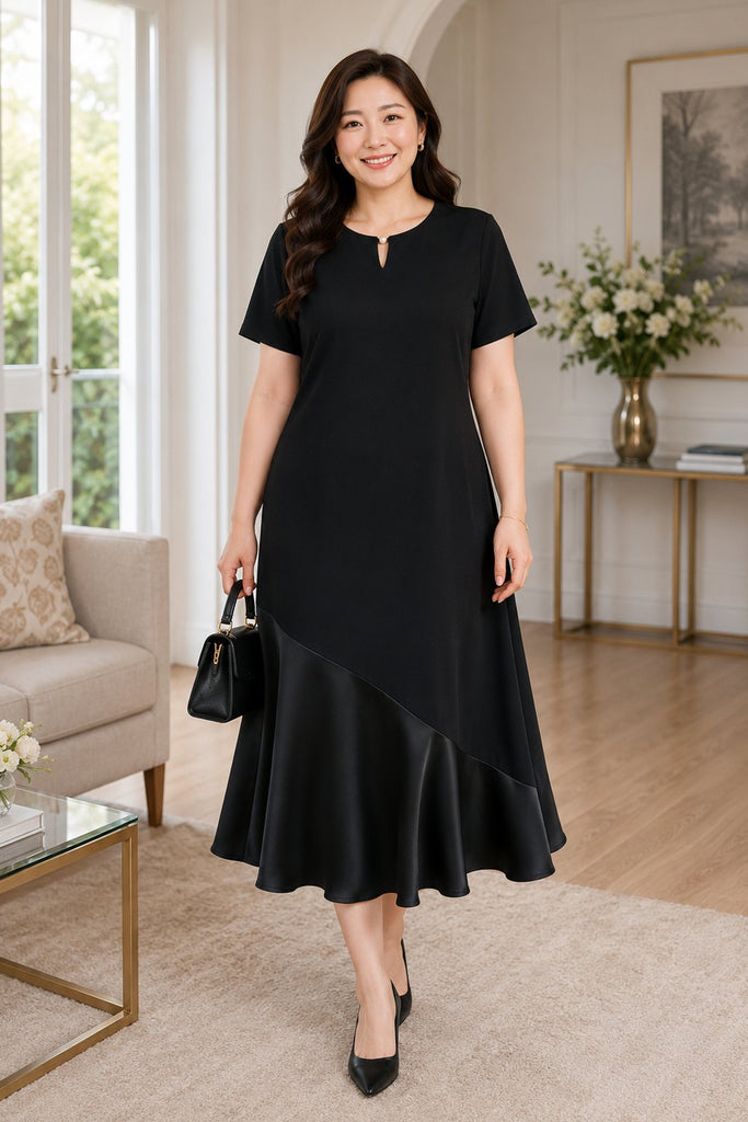 Plus size black keyhole neckline drop waist midi dress front view