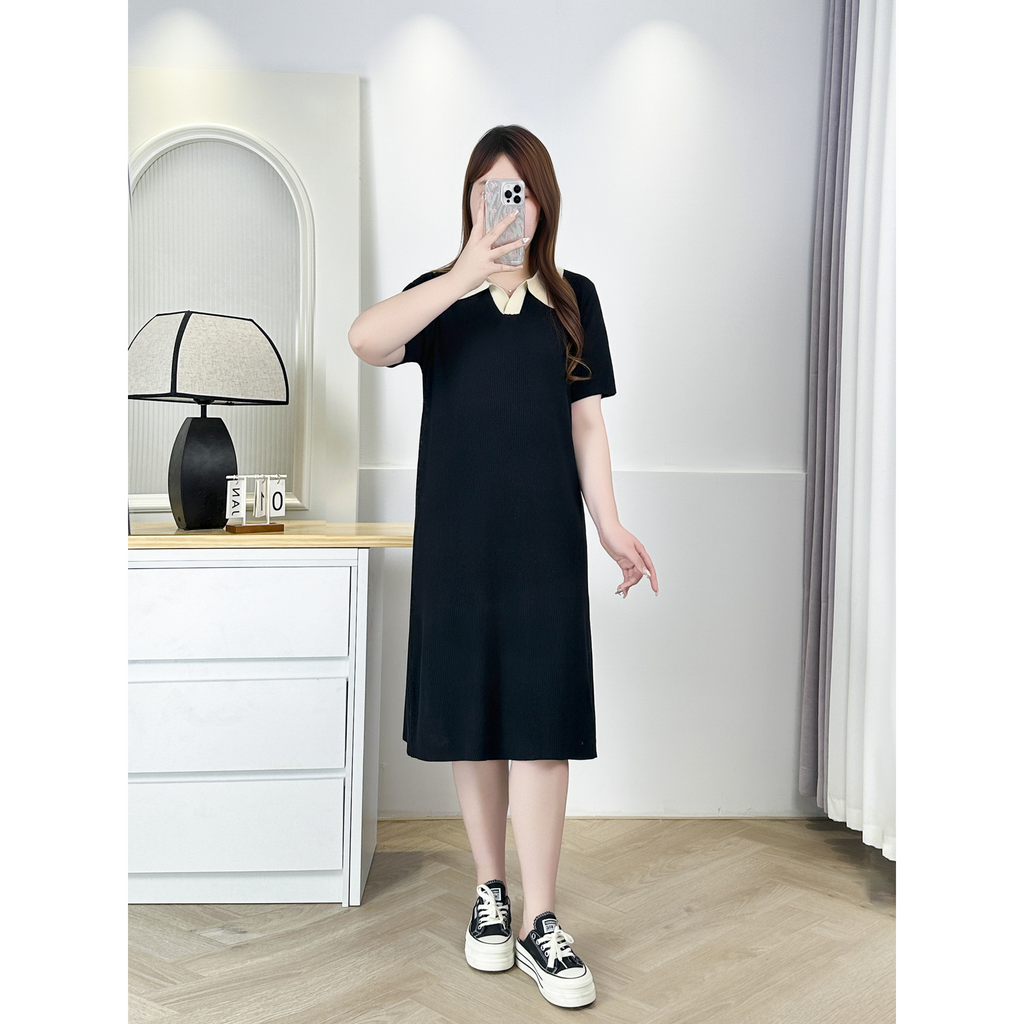 Plus Size Khaki Collar Black Polo T Shirt Dress – Pluspreorder
