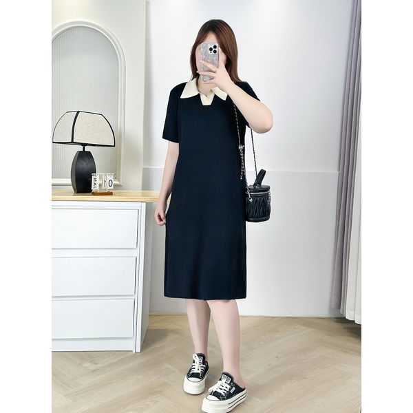 Plus Size Khaki Collar Black Polo T Shirt Dress