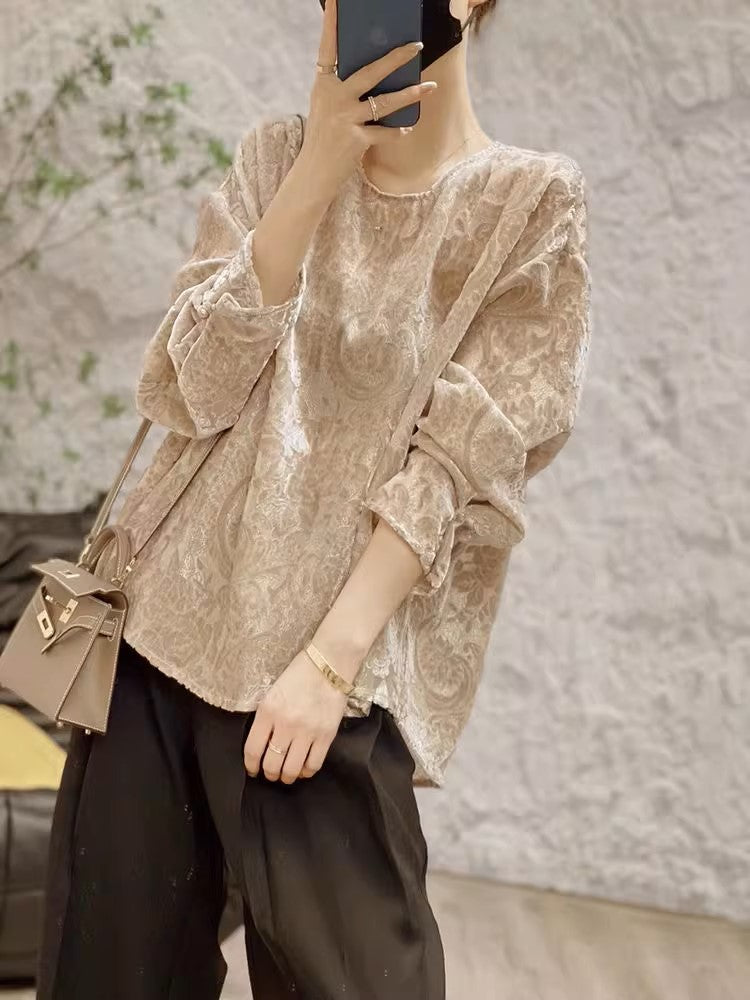 Plus Size Khaki Filigree Long Sleeve Blouse (EXTRA BIG SIZE)