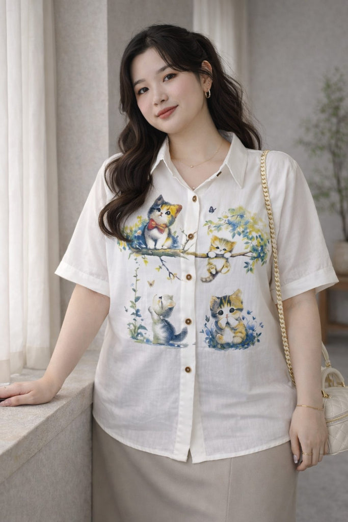 plus size white kitten print button up blouse front view