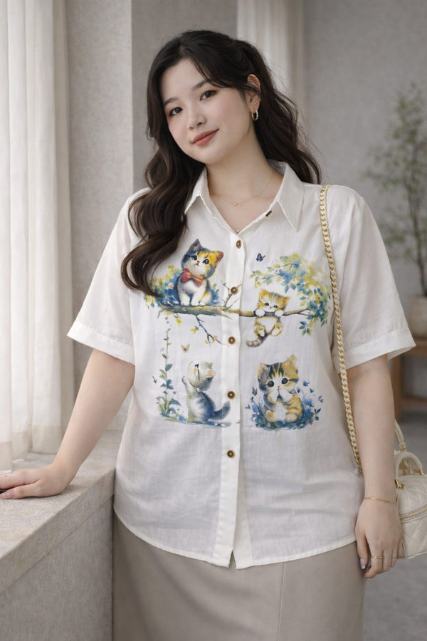 plus size white kitten print button up blouse front view