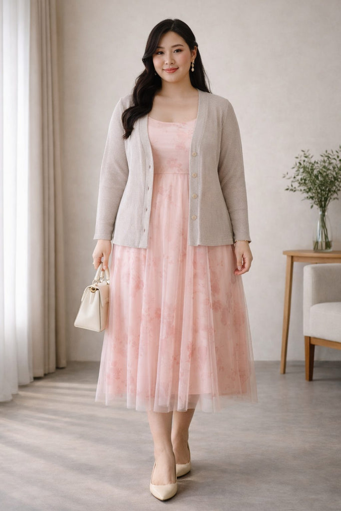 plus size beige knit cardigan pink mesh midi dress set front view