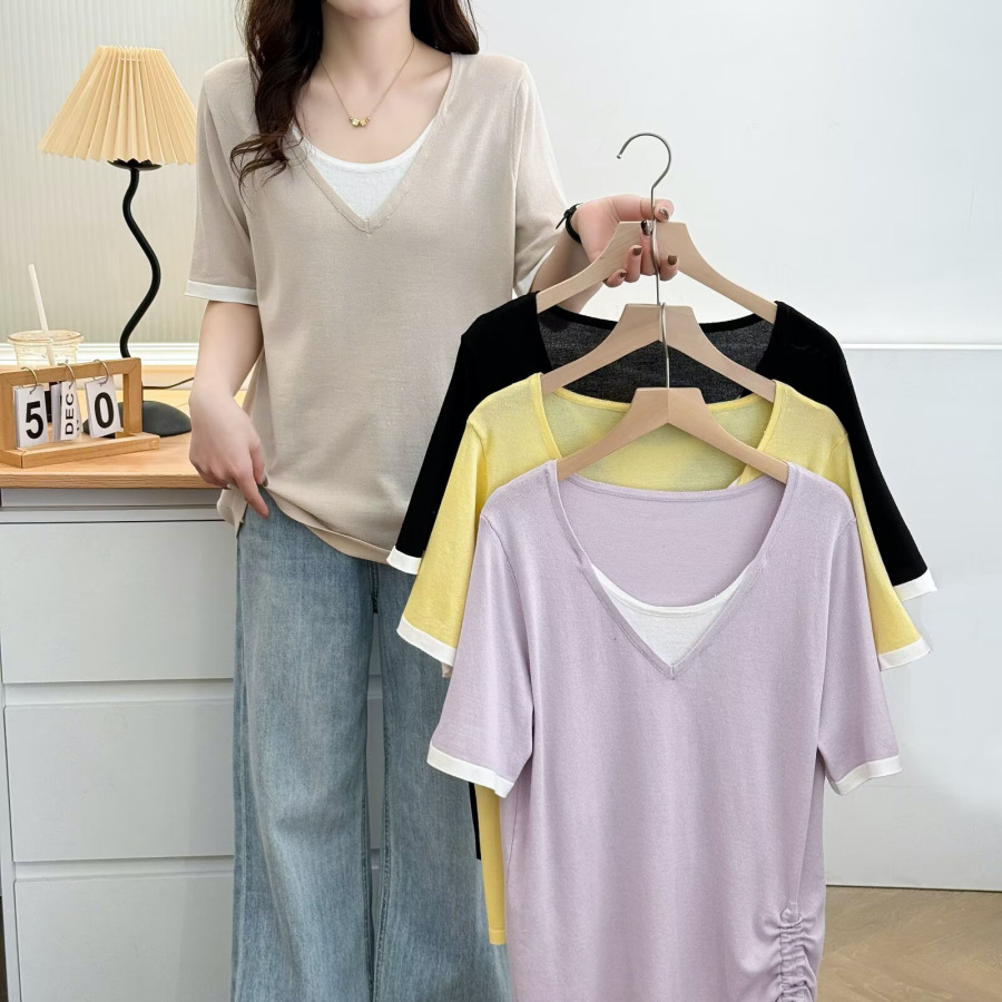 Plus Size Knit Layer V Neck Tee