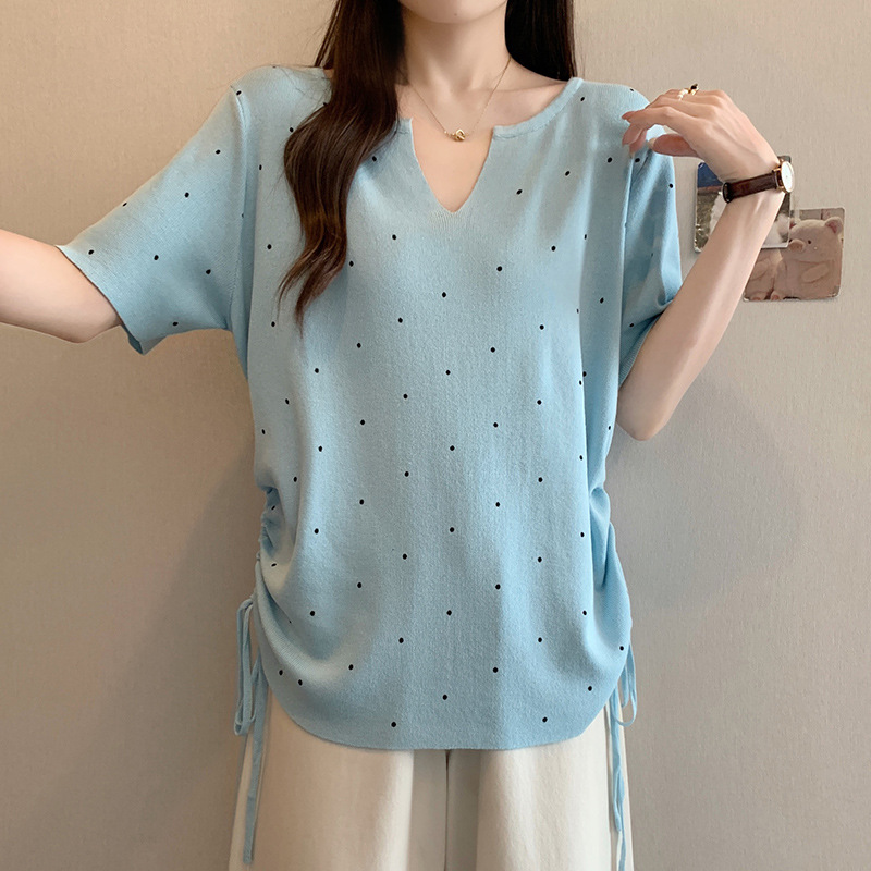 Plus Size Knit Notch Neck Polka Dots Top