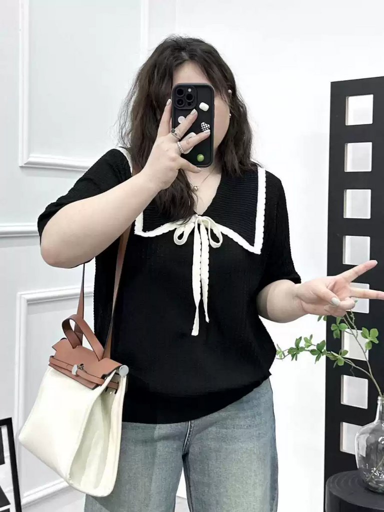Plus Size Knit Sailor Collar Short Sleeve Shirt