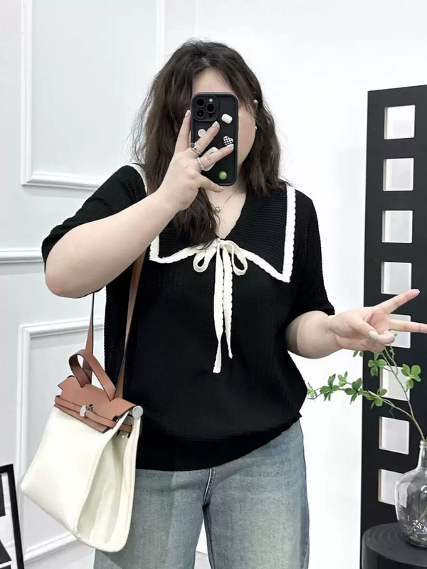 Plus Size Knit Sailor Collar Short Sleeve Shirt