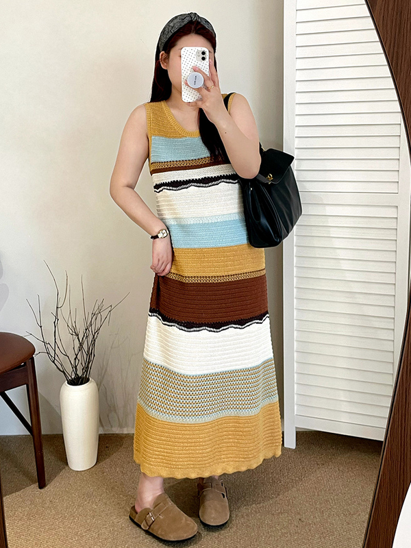 Plus Size Knit Yellow Stripes Sweater Tank Dress