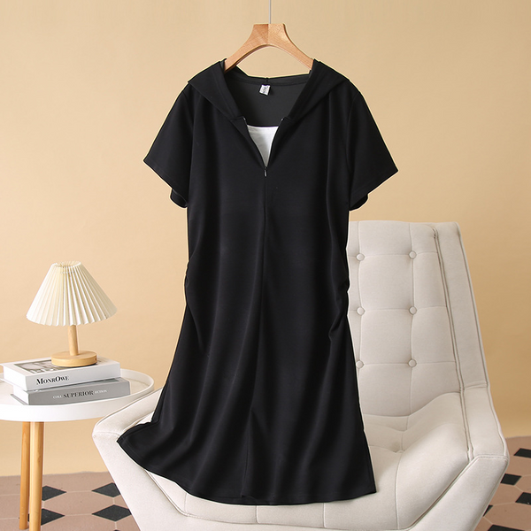Plus Size Korean Black Hoody Short Sleeve T Shirt Dress
