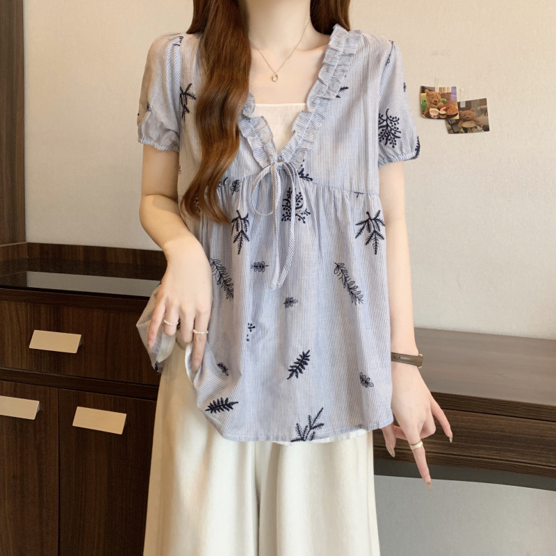 Plus Size Korean Blue Embroidered Babydoll Blouse