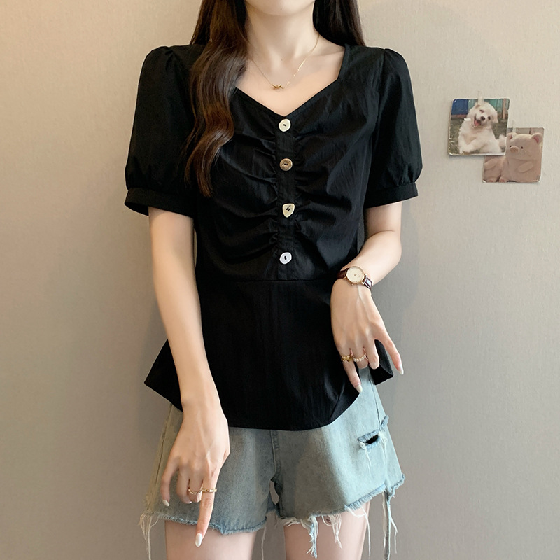 Plus Size Korean Buttons Square Neck Peplum Short Sleeve Blouse