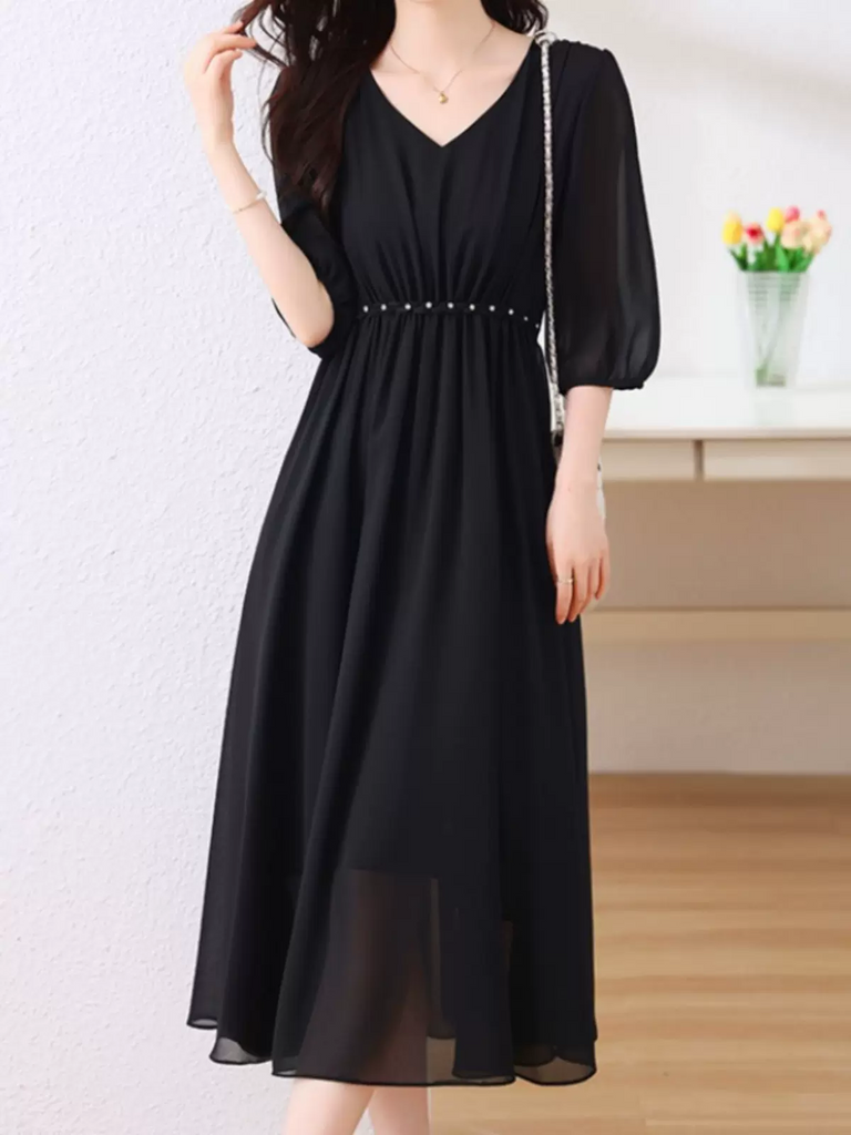 Plus Size Korean Chiffon Black Dress  Pluspreorder