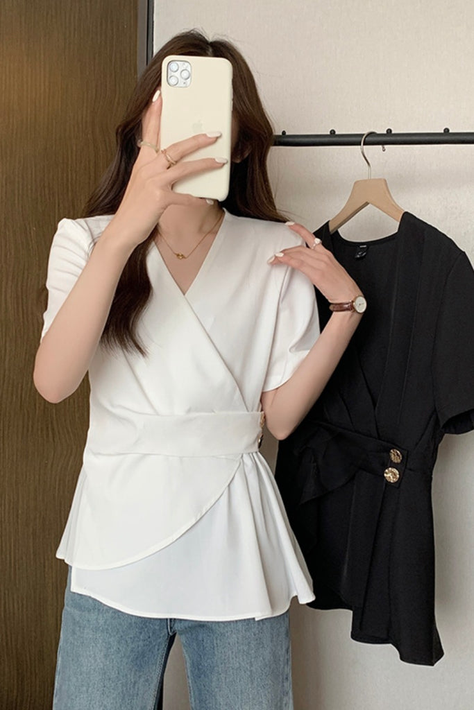 Plus Size Korean Wrap V Neck Blouse Pluspreorder