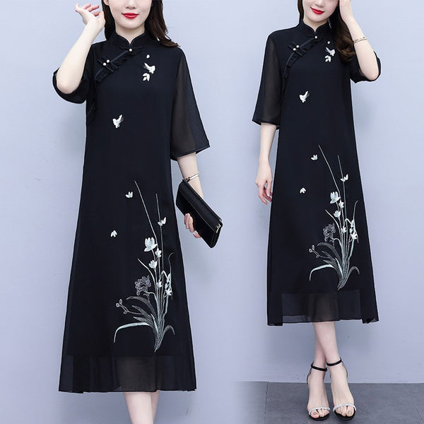 Plus Size Black Midi Cheongsam Qipao