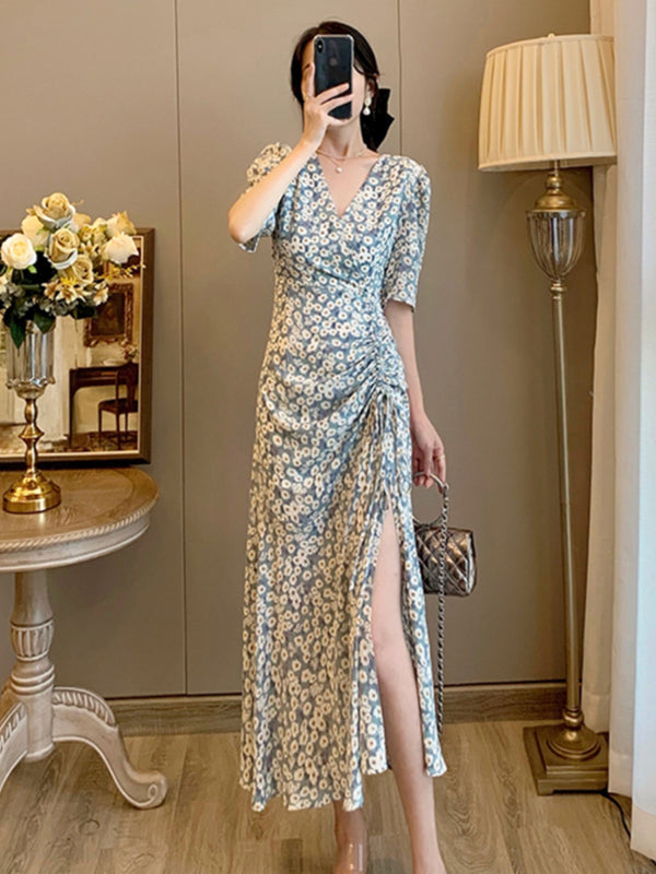 Plus Size Blue Wrap Floral Midi Dress