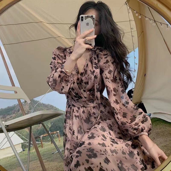 Plus Size Chiffon Wrap Floral Long Sleeve Midi Dress