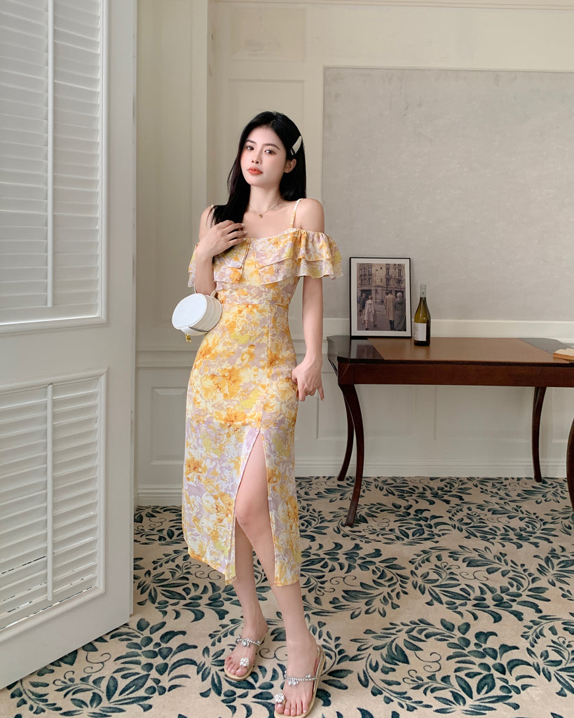 Plus Size Korean Yellow Off Shoulder Pencil Dress Pluspreorder
