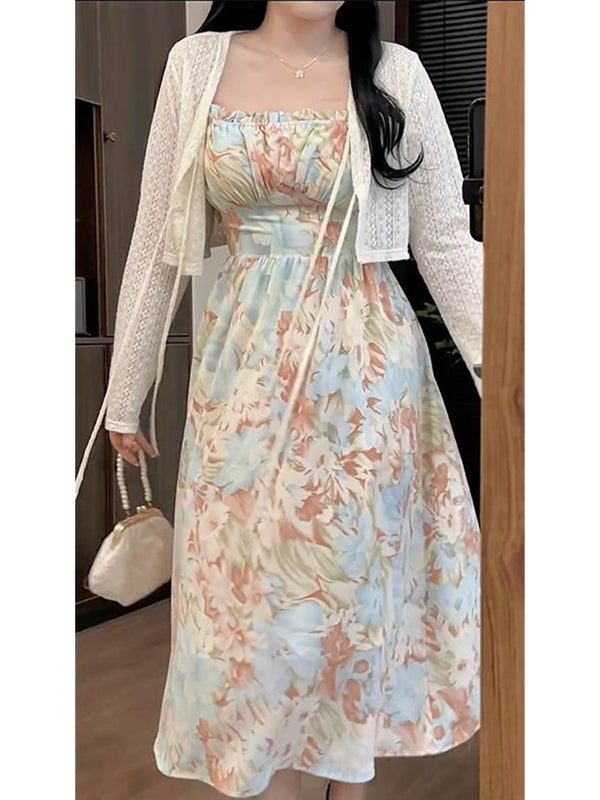Plus Size Floral Cami Dress and Lace Cardigan Set