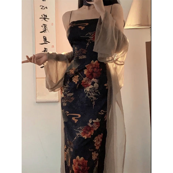 Plus Size Oriental Floral Bodycon Dress and Cardigan Set