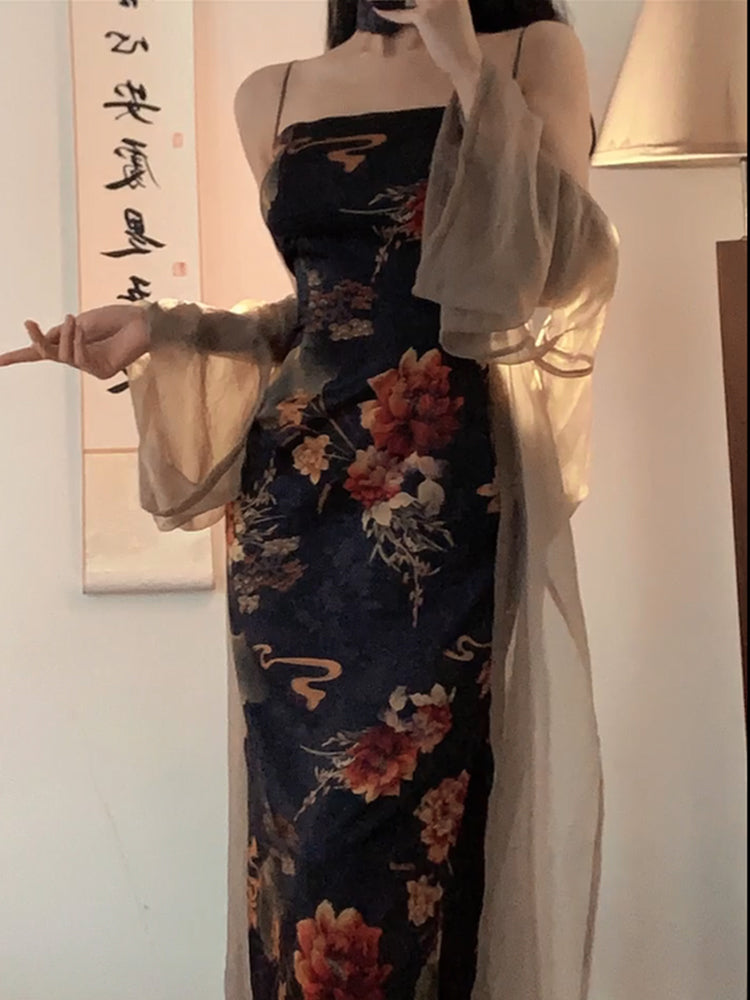 Plus Size Oriental Floral Bodycon Dress and Cardigan Set – Pluspreorder