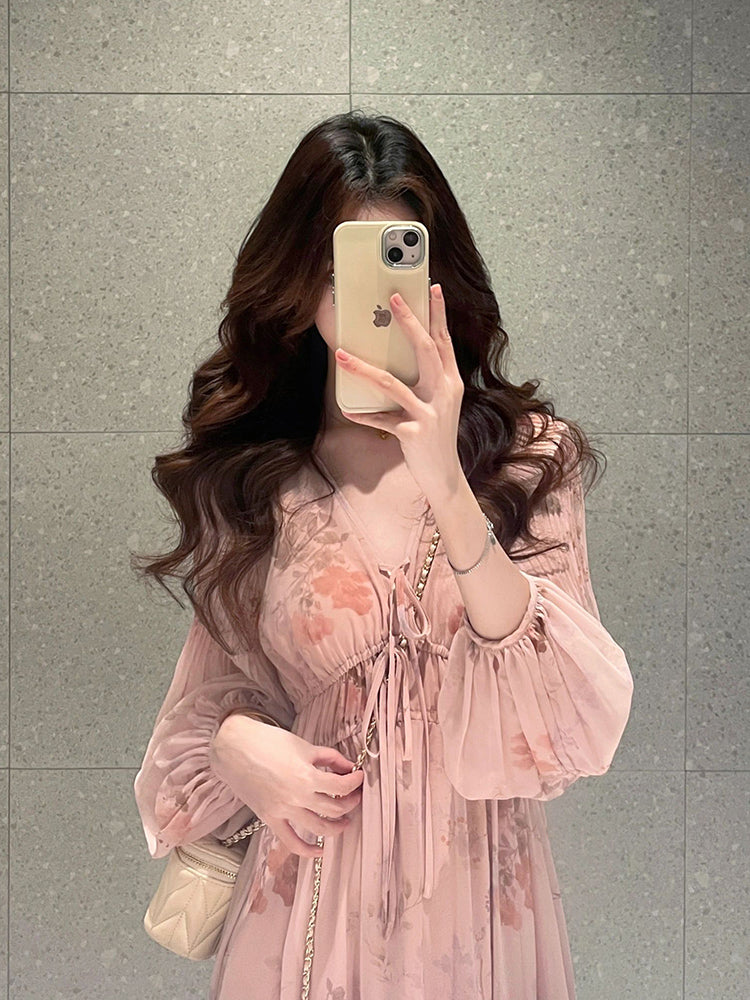 V-Neck Plain Short Sleeve Flounced Hem Light Pink Plus Size Dresses