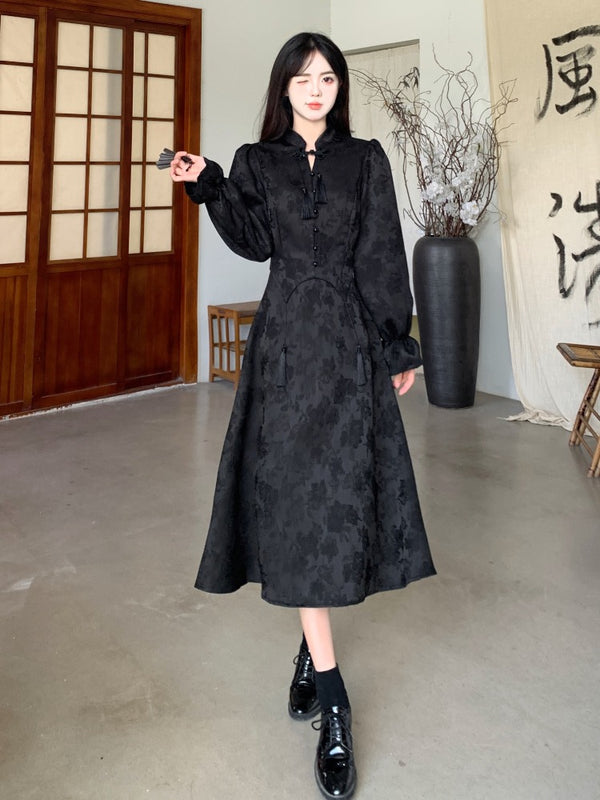 Plus Size Black Long Sleeve Dress Cheongsam Qipao