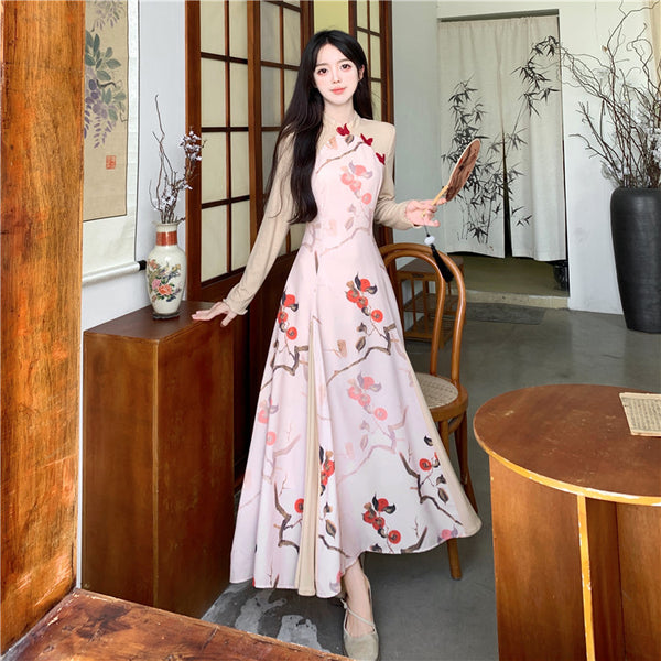 Plus Size Floral Modern Long Sleeve Dress Cheongsam Qipao