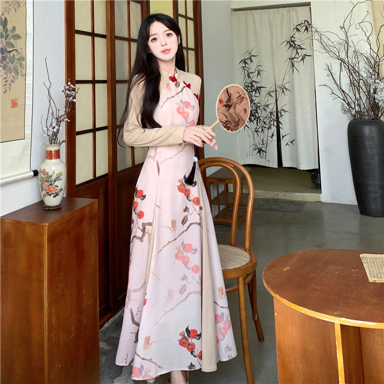 long sleeve qipao dress Plus Size Floral Modern Long Sleeve Dress Cheongsam Qipao – Pluspreorder
