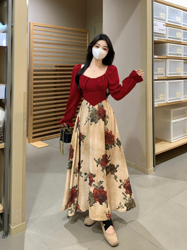 Plus Size Floral Red Vintage Long Sleeve Dress