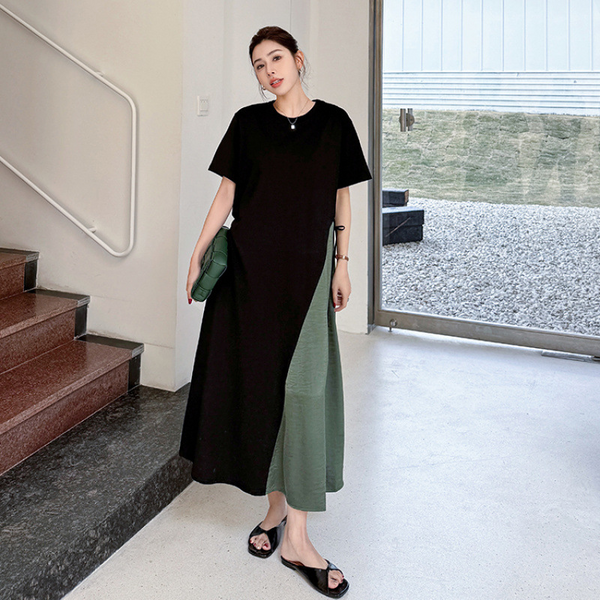 Plus Size Korean Colourblock Green Black Short Sleeve T Shirt Dress