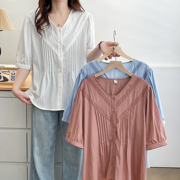 Plus Size Korean Cottage Lace Short Sleeve Blouse