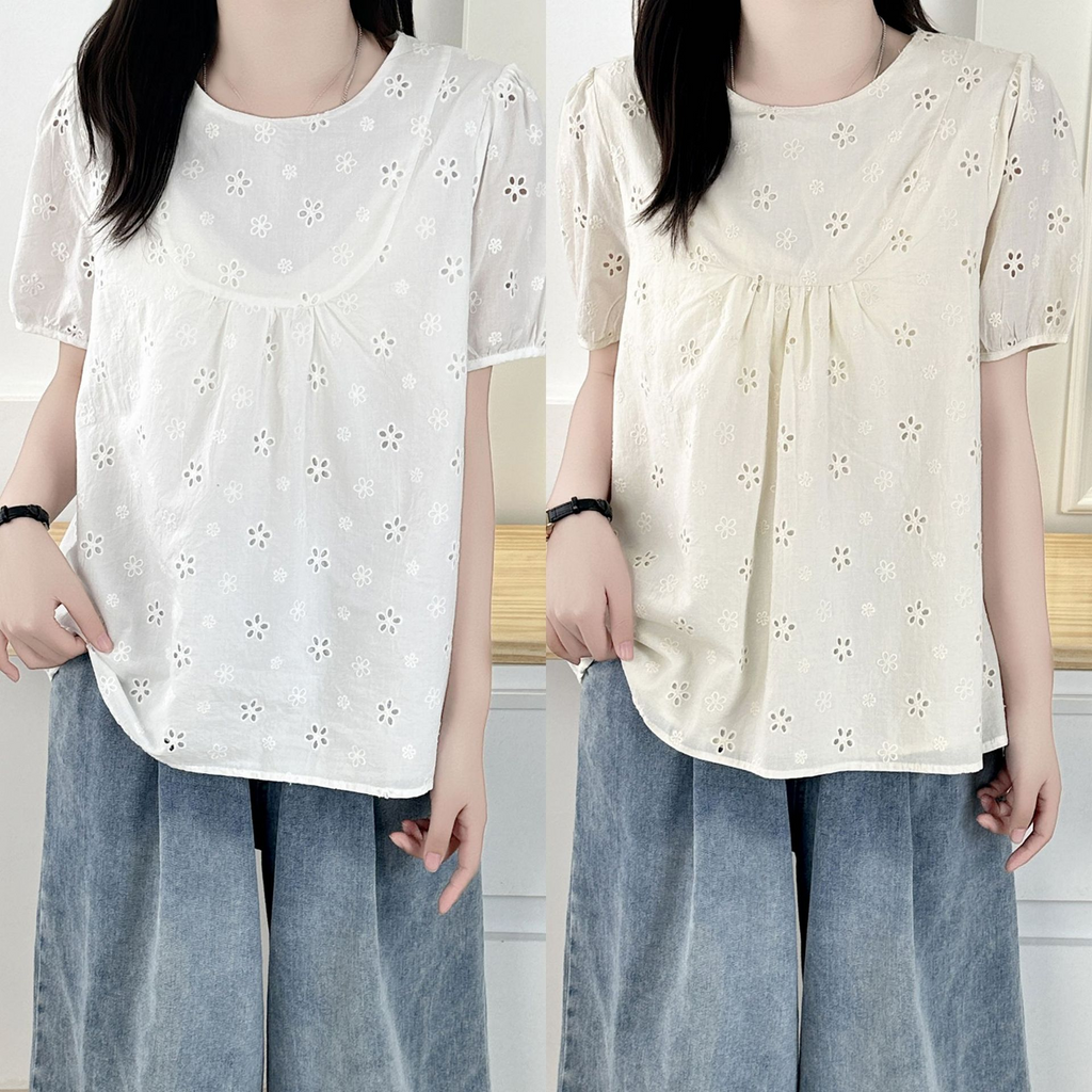 Plus Size Korean Crochet Lace Babydoll Short Sleeve Top