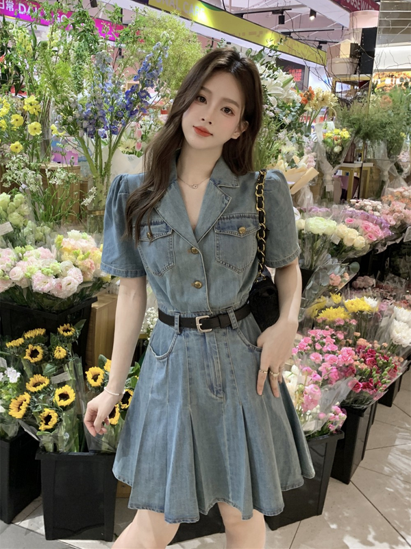 Plus Size Korean Denim Pleat Mini Shirt Dress