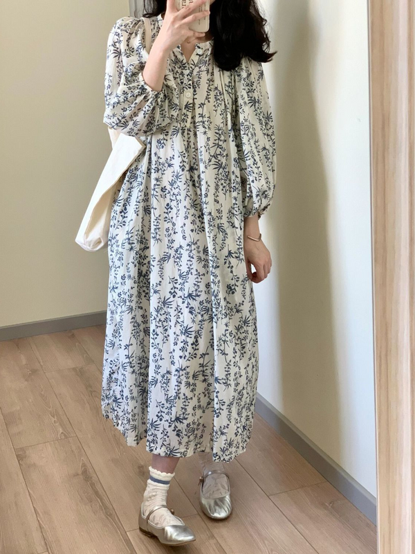Plus Size Korean Floral Balloon Sleeve Long Dress
