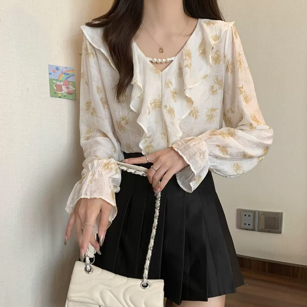 Plus Size Korean Floral Frill Pearls Long Sleeve Blouse