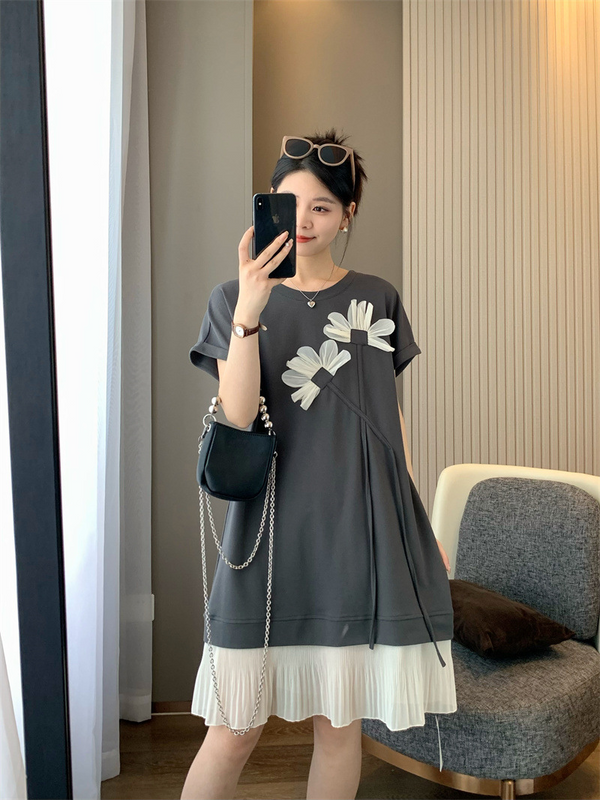 Plus Size Korean Flowers Black Short Sleeve Dress