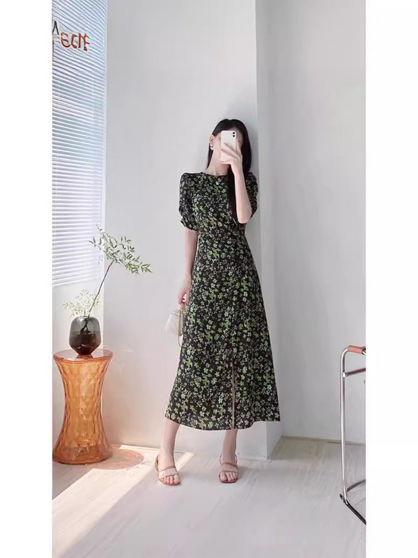 Plus Size Korean Green Floral Dress