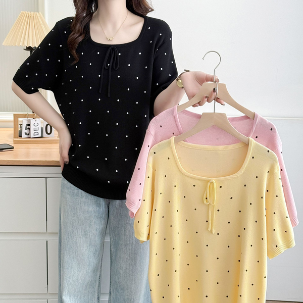 Plus Size Korean Knit Polka Dots Square Neck Blouse