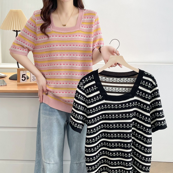Plus Size Korean Knit Square Neck Tulip Short Sleeve Blouse
